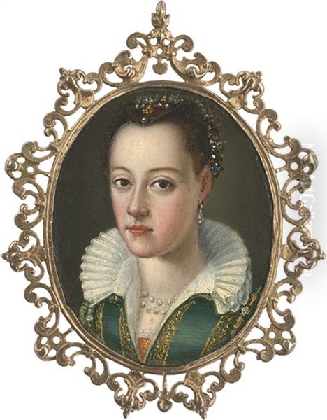 Bildnis Einer Jungen Frau Im Gold Bestickten Grunen Kleid Mit Perlenschmuck Im Haar Oil Painting by Agnolo Bronzino