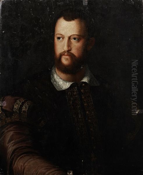 Portrait Of Cosimo De Medici (1519-1594), Half-length, In A Burgundy Embroidered Coat Oil Painting by Agnolo Bronzino