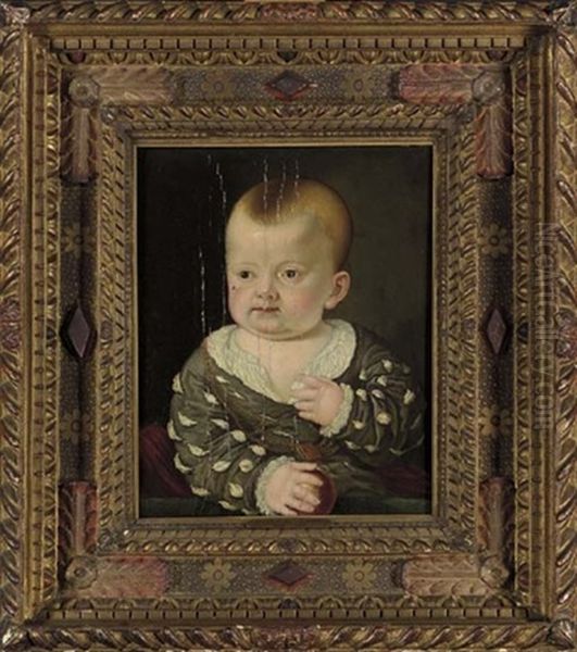 Portrait Of A Boy In A Grey Coat Holding A Ball Oil Painting by Agnolo Bronzino