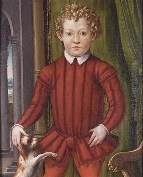 Portrait Of A Young Boy In Red Costume With A Dog At His Side, Before A Green Curtain Oil Painting by Agnolo Bronzino