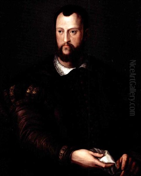 Portrait Of Cosimo I De Medici (1519-1574), Half Length, Wearing A Fur-lined Brown Embroidered Cloak And Holding A White Handkerchief Oil Painting by Agnolo Bronzino