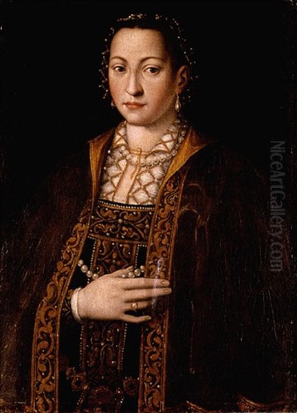 Portrait Of Eleanora Of Toledo, Grand Duchess Of Tuscany, In A Richly Embroidered And Bejewelled Dress Oil Painting by Agnolo Bronzino