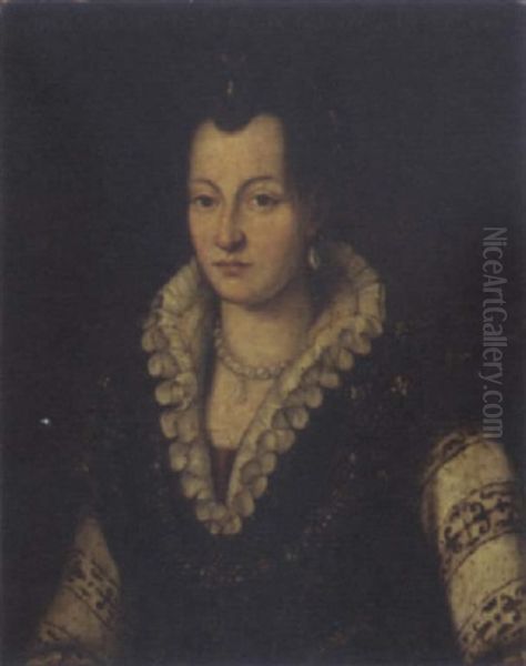 Portrait Od Duchess Bianca Capello In An Embroidered And Jeweled Bodice With White Sleeves And Gauffered Collar Oil Painting by Agnolo Bronzino