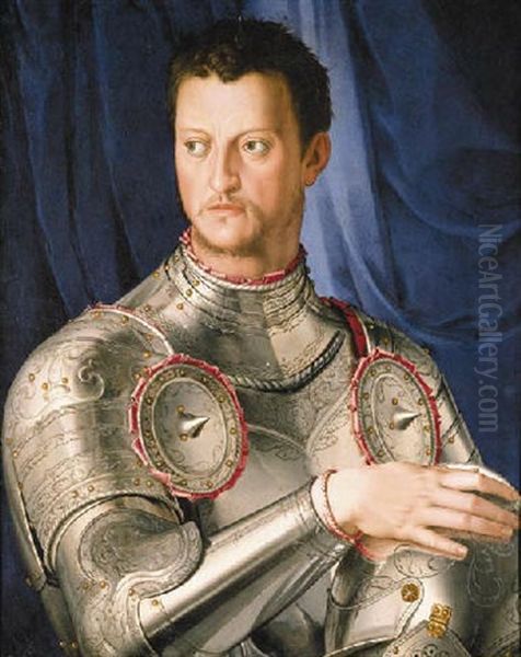 Portait Of Duke Cosimo I De' Medici In Full Armor, His Right Hand Resting On His Helmet Oil Painting by Agnolo Bronzino