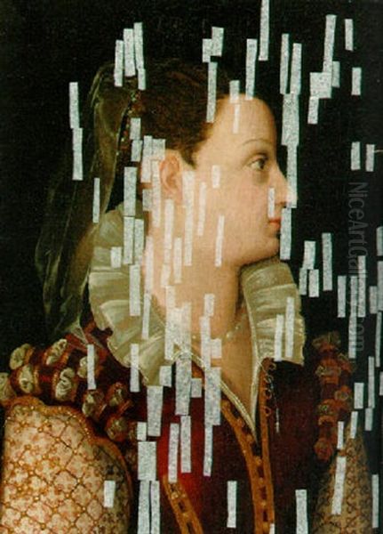 Portrait Of A Lady In A Red Dress With Patterned And Pearl-encrusted Sleeves Oil Painting by Agnolo Bronzino