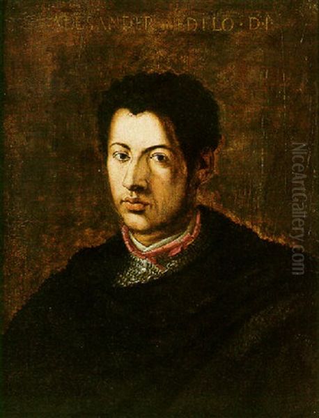 Portrait Of Alessandro De Medici Wearing A Black Cloak Over A Suit Of Chain-mail Oil Painting by Agnolo Bronzino