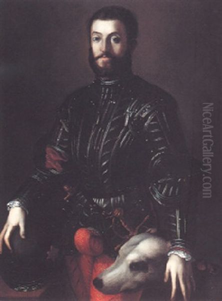 Portrait Of Guidobaldo Della Rovere In Armour, Three-quarter Length, With Dog Oil Painting by Agnolo Bronzino