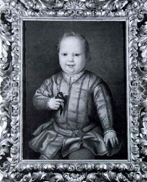 Portrait Of Giovanni De' Medici, Wearing A Pink Tunic And Holding A Goldfinch Oil Painting by Agnolo Bronzino
