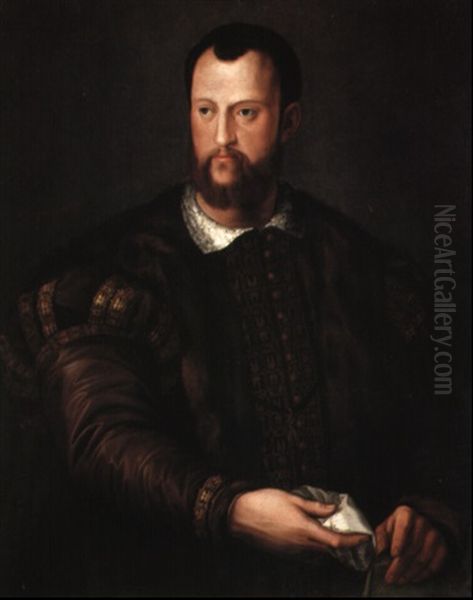 Portrait Of Cosimo I De Medici Wearing The Order Of The Golden Fleece Oil Painting by Agnolo Bronzino