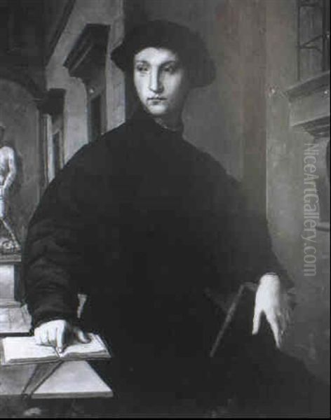 Portarait Of Ugolino Martelli, Standing Three-quarter       Lengthin Black Costume With Black Cap, With Open Book Oil Painting by Agnolo Bronzino