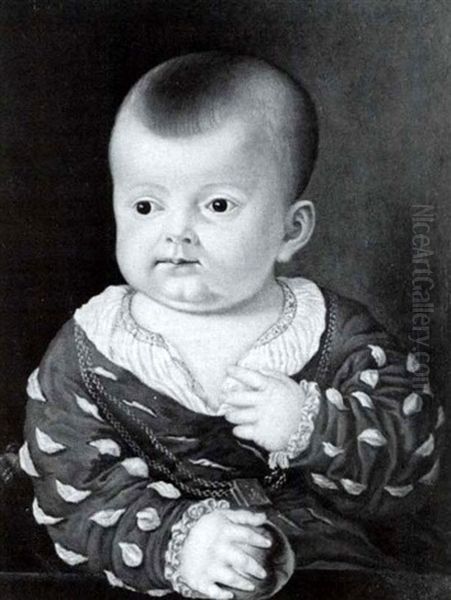 Portrait Of A Noble Infant Holding An Apple Oil Painting by Agnolo Bronzino