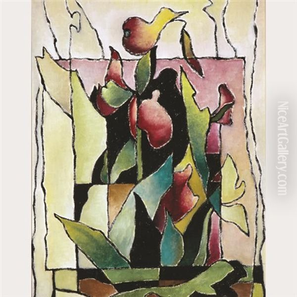 Abstract (floral: Purple, Green & Black) Oil Painting by Bertram Richard Brooker