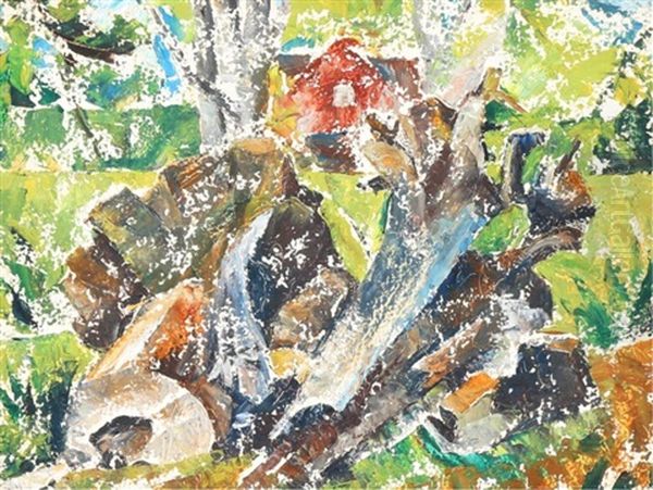 Abstract Tree Trunks And House Oil Painting by Bertram Richard Brooker