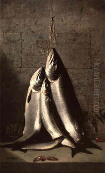 Hanging California Salmon Oil Painting by Samuel Marsden Brookes