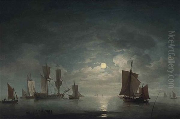 An English Merchant Brig And Coastal Craft Becalmed By Moonlight Oil Painting by Charles Brooking