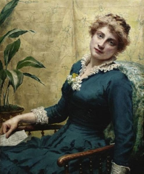 Der Brief. Dame In Blauem Kleid, Versonnen Von Ihrer Lekture Aufblickend Oil Painting by Maria Matilda Brooks