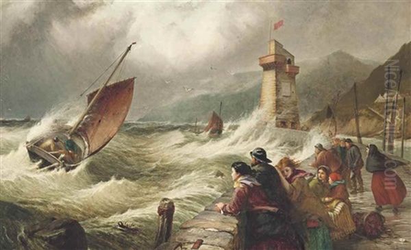 Fishing Boats Battling Their Way Into Lynmouth, In Heavy Seas On A Full Tide, With Anxious Townsfolk Watching From The Jetty Oil Painting by Thomas Brooks