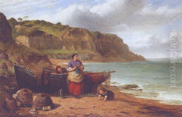 Fisherfolk On The Beach Oil Painting by Thomas Brooks