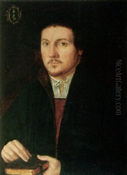 A Portrait Of A Man (a Doctor?) Wearing A Black Fur-lined Cape, Black Hat And Holding A Book Oil Painting by Hans Brosamer