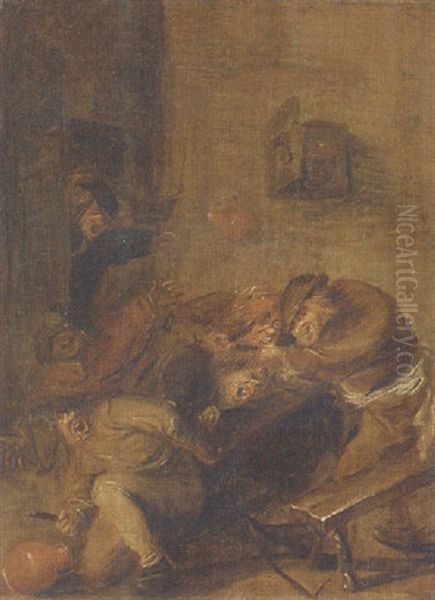 Peasants Brawling In A Tavern Oil Painting by Adriaen Brouwer
