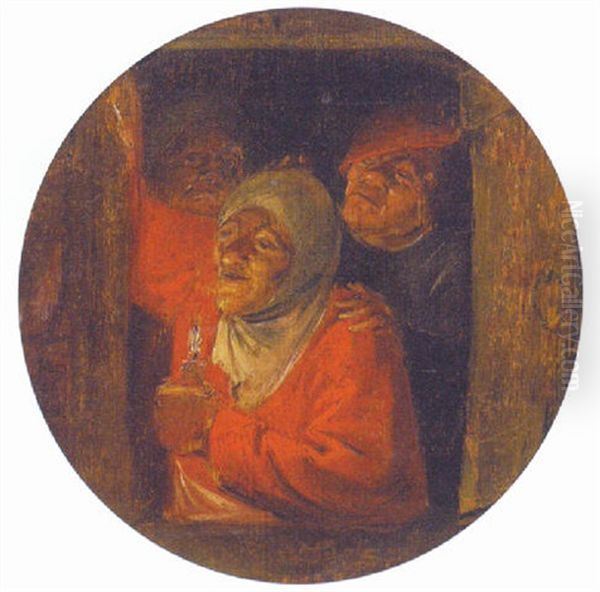 An Old Woman Holding A Candle At A Casement Oil Painting by Adriaen Brouwer