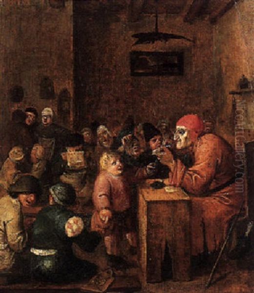 A Schoolroom Interior With Children Gathered Around An Old Schoolmaster Oil Painting by Adriaen Brouwer