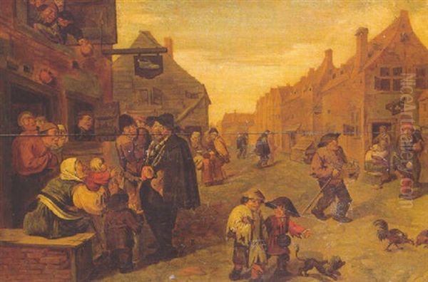 Boors Listening To A Liereman, Outside A Shoemaler's Workshop, In A Village Street Oil Painting by Adriaen Brouwer