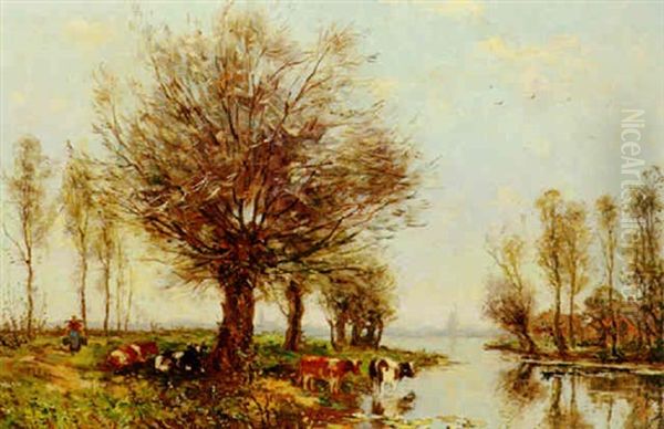 Cattle By A River Oil Painting by Berend Jan Brouwer