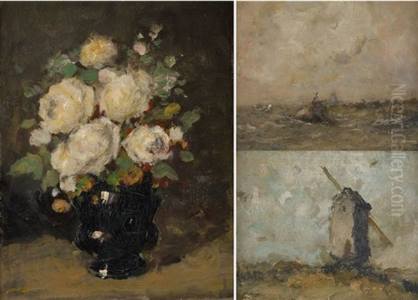 Marine, Moulin A Vent Et Vase Fleuri De Roses Blanches (3 Works) Oil Painting by Jules Brouwers