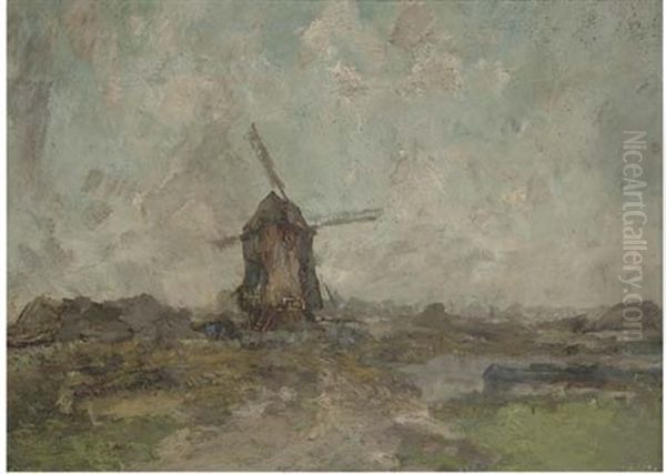 A Windmill In A Landscape Oil Painting by Jules Brouwers