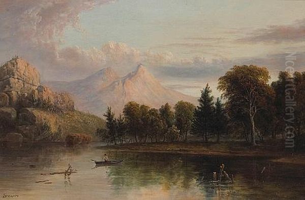 A Lone Figure In A Rowboat With Mountains Beyond Oil Painting by Albertus (Del Orient) Browere