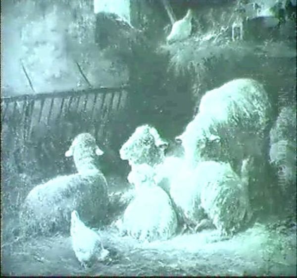 Schafe Vor Einer Futterraufe In Einem Stall Oil Painting by Arnesby Brown