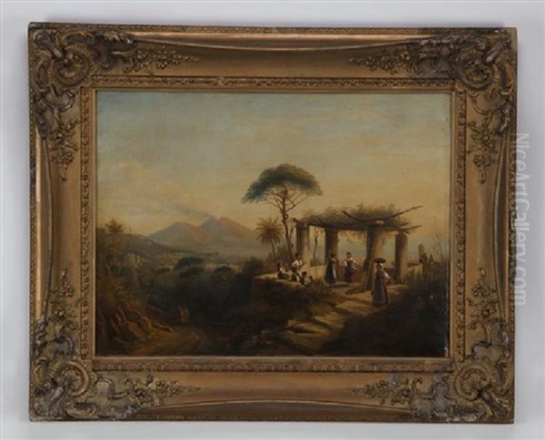 A Gathering Of Women In Peasant Dress On A Hillside With A View Of The Bay Of Naples & Vesuvius Beyond Oil Painting by George Loring Brown