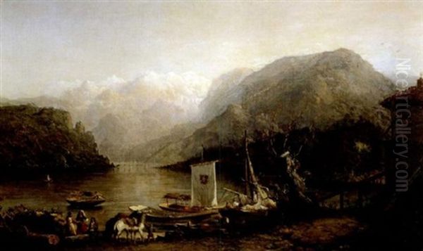 Activity At The Water's Edge, Lake Lucerne Oil Painting by George Loring Brown
