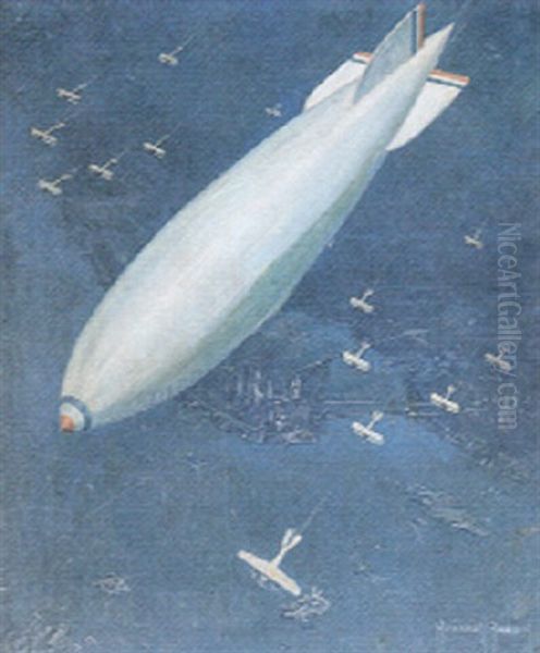 Dirigible Escorted By Biplanes Passing Over New York City Oil Painting by Howard V. Brown