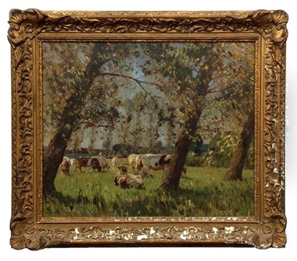 Cattle Grazing In Wooded Landscape With Distant Village And Church Oil Painting by Sir John Alfred Arnesby Brown