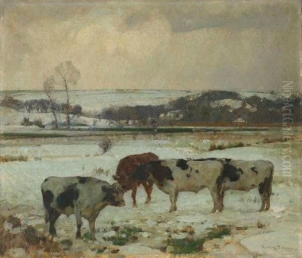 Cattle In Snow Oil Painting by Sir John Alfred Arnesby Brown
