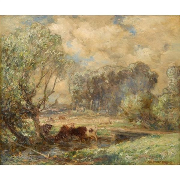 Cows Watering In A Meadow Oil Painting by Sir John Alfred Arnesby Brown