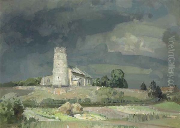 The Round Tower, Haddiscoe Oil Painting by Sir John Alfred Arnesby Brown
