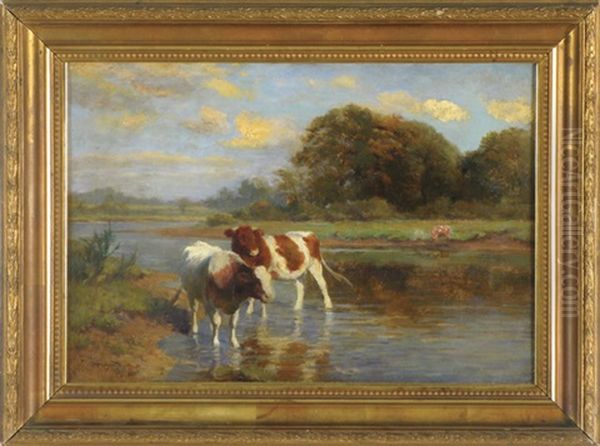 Pastoral Landscape With Stream And Guernseys Oil Painting by Sir John Alfred Arnesby Brown