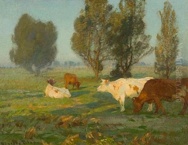Cattle Grazing In Water Meadows Oil Painting by Sir John Alfred Arnesby Brown