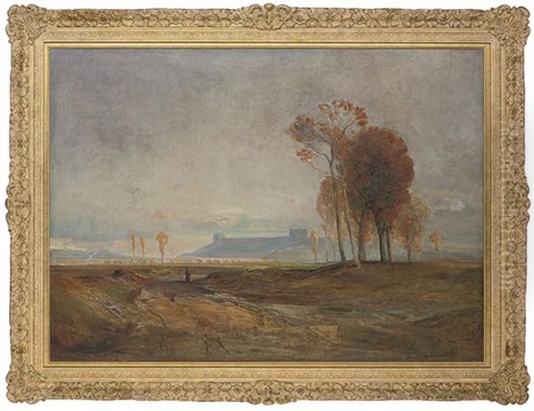A Figure In An Extensive Landscape With A Castle Beyond Oil Painting by Sir John Alfred Arnesby Brown