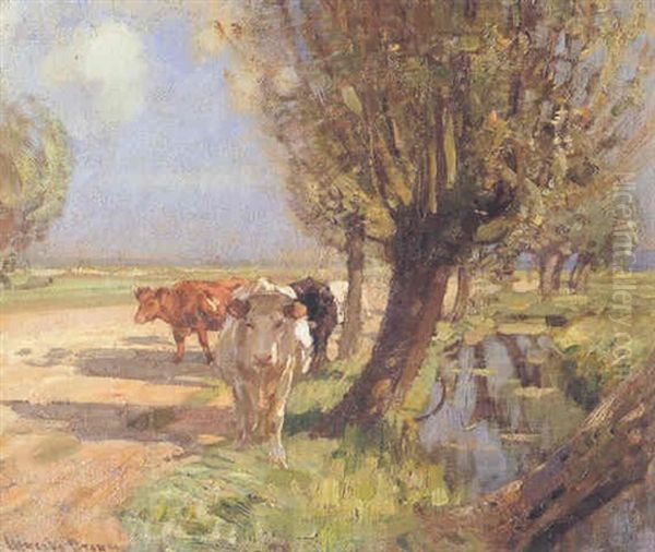 Cattle In A Country Lane Oil Painting by Sir John Alfred Arnesby Brown
