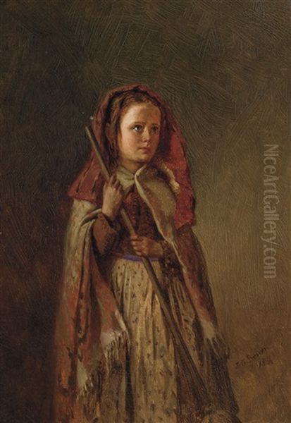 Young Girl In A Hooded Cape Oil Painting by John George Brown