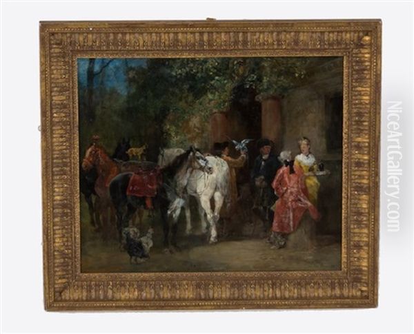 Figures Outside A Tavern Oil Painting by John Lewis Brown