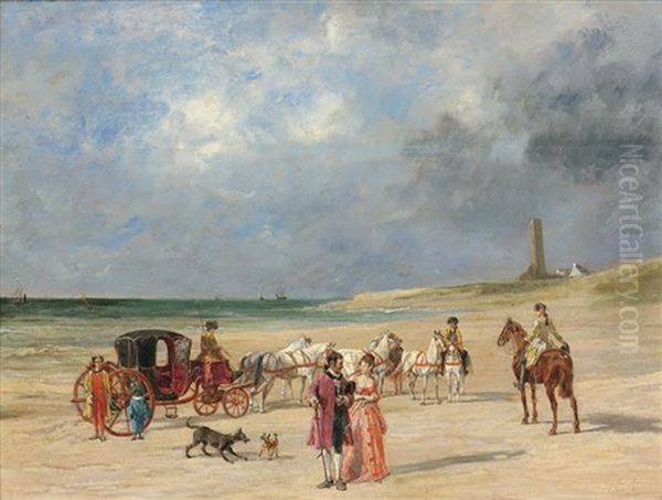 Bord De Mer Anime De Personnages Et Dun Carrosse Oil Painting by John Lewis Brown