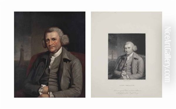 Portrait Of John Smeaton (1724-1792), Three-quarter-length, Seated With The Eddystone Lighthouse, Devon In The Background (2 Works) Oil Painting by Mather Brown