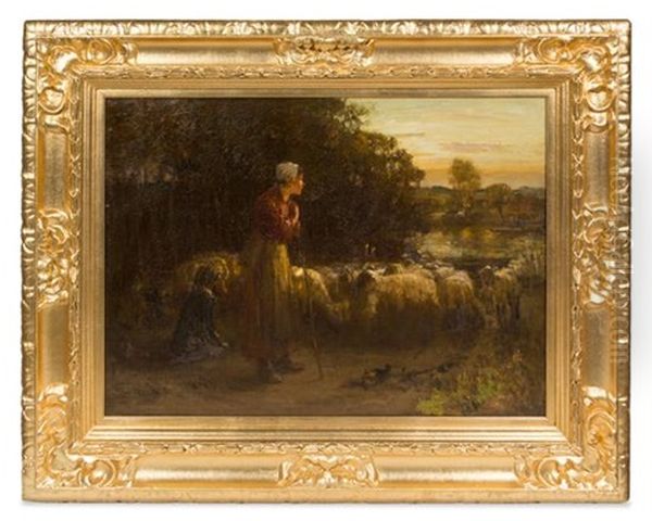 Thomas Austen Brown, (british, 1859-1924), Woman Herding Sheep Oil Painting by Thomas Austen Brown