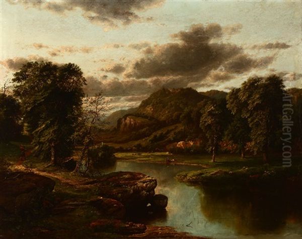 Hudson River Landscape With Figures Oil Painting by William Mason Brown