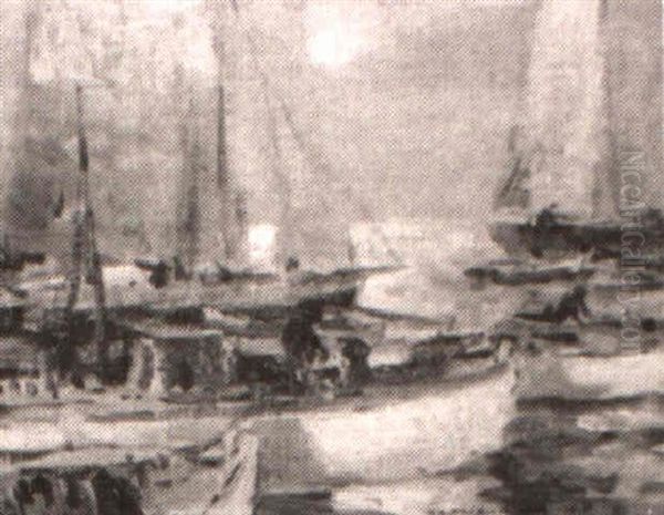 Boats In A Moonlit Harbor, Kennebunkport Oil Painting by George Elmer Browne